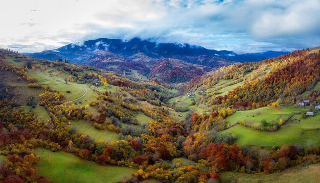 Fliegen Sie über Landschaften mit grünen Hügeln unter einer Schicht weißer und flauschiger Wolken