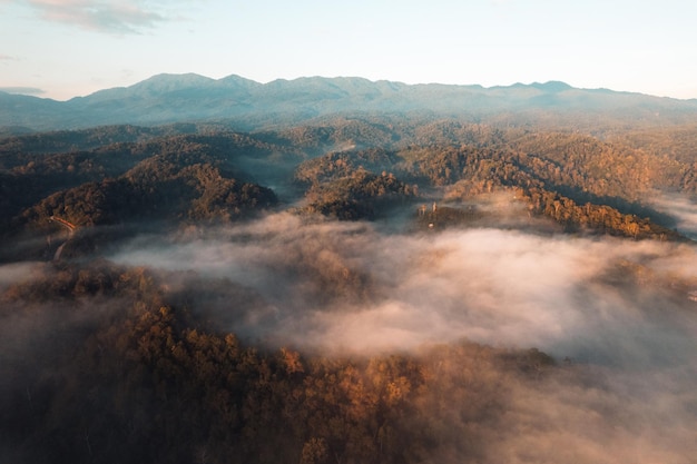 Fliegen über den Wolken Sonnenaufgang und Nebel, auf dem Hügel