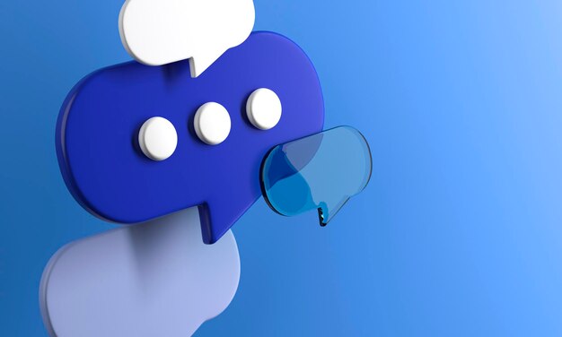 Fliegende 3D-Sprachblasen-Ikonen auf blauem Hintergrund Konzept für die Kommunikation in sozialen Medien