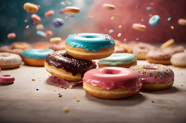 Fliegende Donuts-Szenenmischung aus bunten süßen Donuts mit Streuseln auf blauem Hintergrund