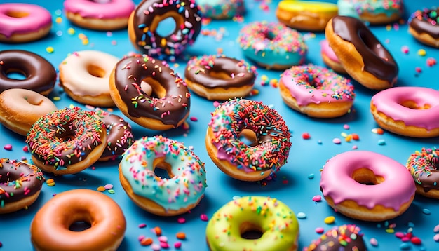 Fliegende DonutsMischung aus bunten Donuts mit Sprinkles auf blauem Hintergrund