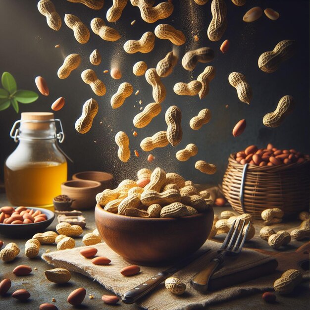 Fliegende Erdnüsse in einer Holzschüssel auf einem rustikalen Holzhintergrund