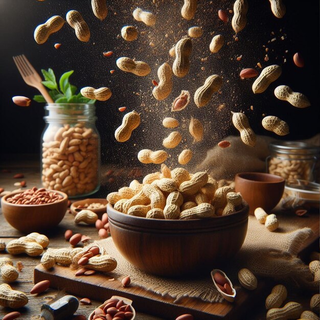 Fliegende Erdnüsse in einer Holzschüssel auf einem rustikalen Holzhintergrund