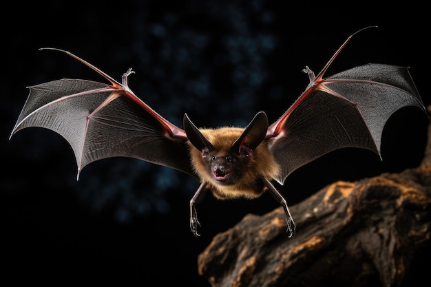 Foto fliegende fledermaus mit langem ohr und offenen flügeln im natürlichen waldhintergrund