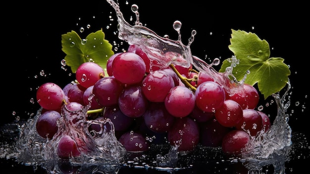 Fliegende frische Trauben, die spritzendem Wasser auf schwarzem Hintergrund und verschwommen ausgesetzt sind