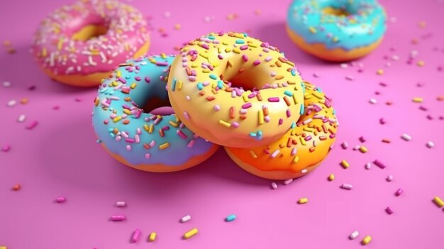 Fliegende frosted Donuts mit Sprinkles Donuts in verschiedenen Farben mit sprinkles isoliert auf einem farbenfrohen Hintergrund Rendering in 3D generieren Ai