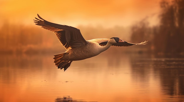 Fliegende Gans bei Sonnenuntergang in warmen Farben