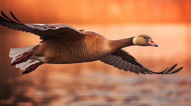 Fliegende Gans bei Sonnenuntergang in warmen Farben