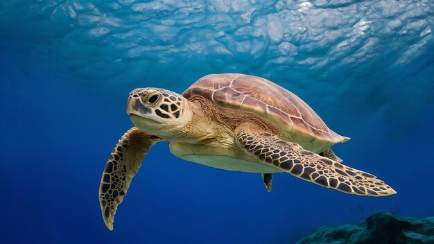 Fliegende grüne Schildkröte im Blauen