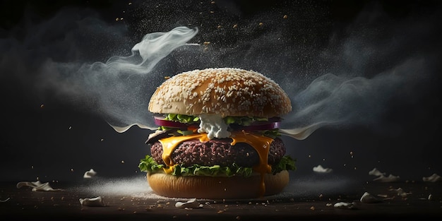 Fliegende Hamburgerviertel mit separaten Gewürzen, eine Explosion von Aromen und Farben, erstellt mit generativer KI-Technologie