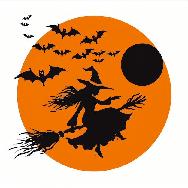 Fliegende Hexe auf einem Besen mit Vollmond im Hintergrund und Silhouette gegen den Nachthimmel