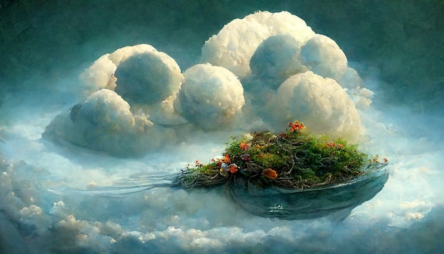 Fliegende hochfliegende grüne Insel in flauschigen Wolken Fantasy Art Illustration