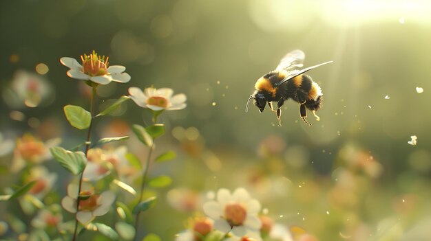 Fliegende Honigbiene sammelt Pollen an der Blume Biene fliegt über die Blume