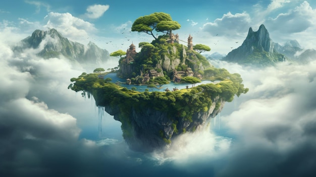 fliegende Insel am Himmel in der Fantasiewelt