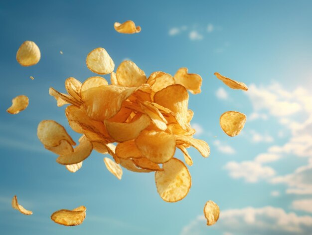 Foto fliegende kartoffelchips, realistische kreative fotografie