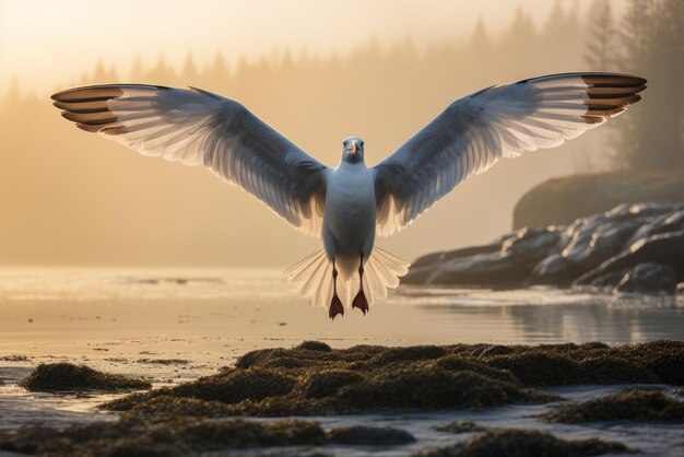 Foto fliegende möwe an einer nebligen küste