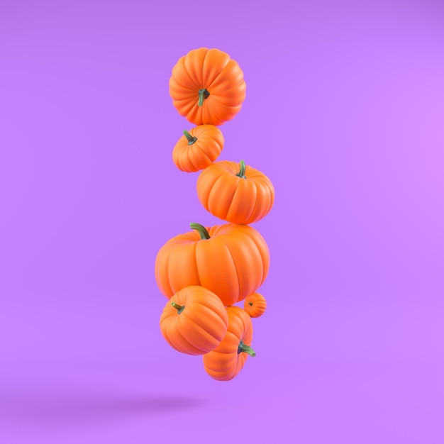 Fliegende orangefarbene Halloween-Kürbisse auf violettem Hintergrund Urlaubsdekoration 3D-Rendering