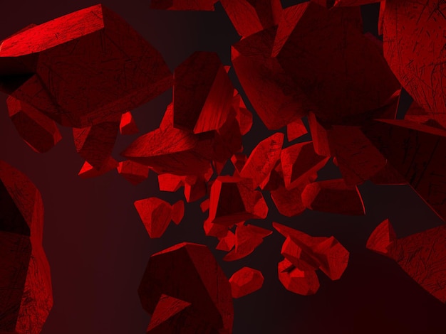 fliegende Stücke aus rotem Stein auf dunklem Hintergrund.