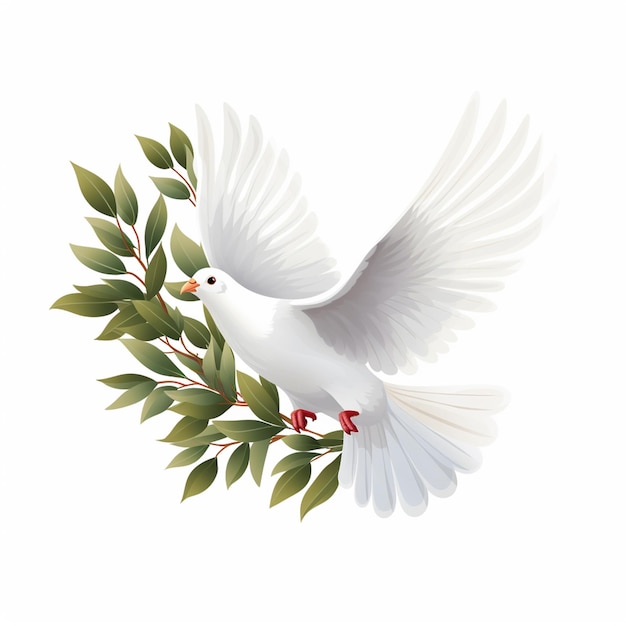 Fliegende weiße Taube mit grüner Olive isoliert auf weißem Hintergrund