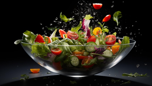 fliegende Zutaten aus Salat auf einer Salatschüssel