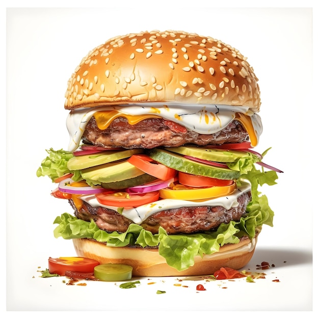 Fliegender Burger mit geschmolzenem Käse und Soßenspritzer isoliert auf weißem Hintergrund
