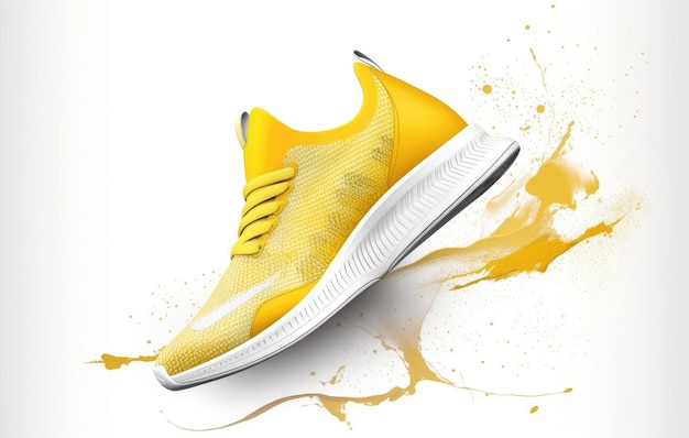 Fliegender gelber Damensneaker aus Leder isoliert auf weißem Hintergrund Modische, stilvolle Sport-Freizeitschuhe Kreatives minimalistisches Layout mit Schuhen Mock-up für Designwerbung für Schuhgeschäfte