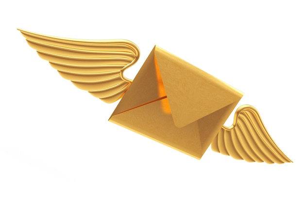 Fliegender goldener Umschlagbrief mit Flügel auf einem weißen Hintergrund. 3D-Rendering