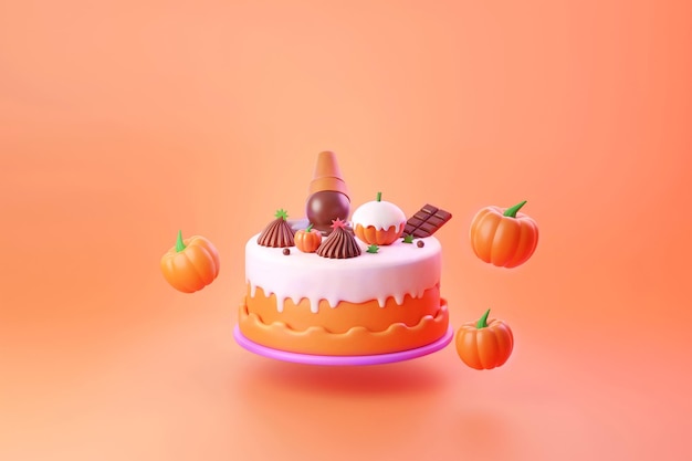 Fliegender Halloween-Kuchen mit einem dunklen Schokoriegel und einem Kürbismuffin auf orangefarbenem Hintergrund 3d