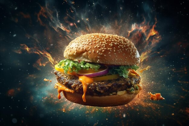 Foto fliegender hamburger macht spritzer mit käsegemüse auf dunklem hintergrund