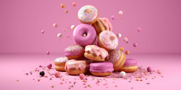 Fliegender Haufen von Donuts, Makaronen und Cupcakes auf farbenfrohem Hintergrund
