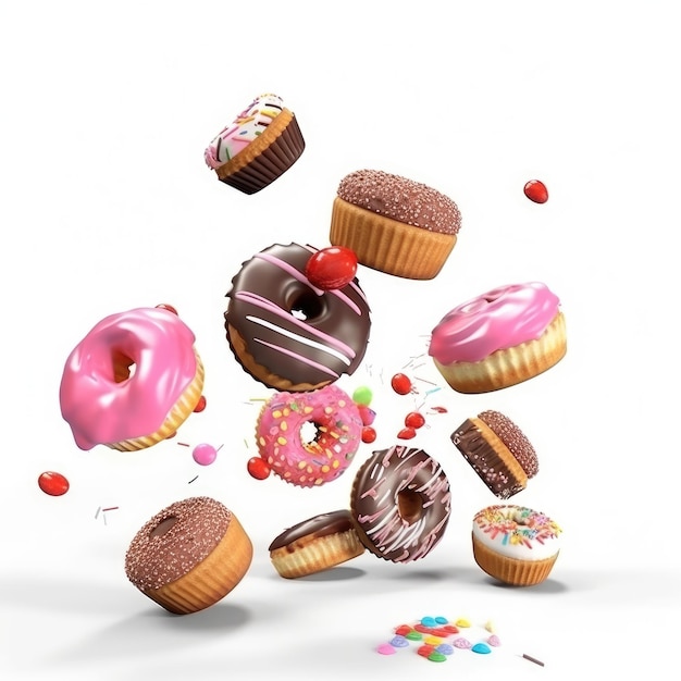 Fliegender Haufen von Donuts, Makaronen und Cupcakes auf weißem Hintergrund