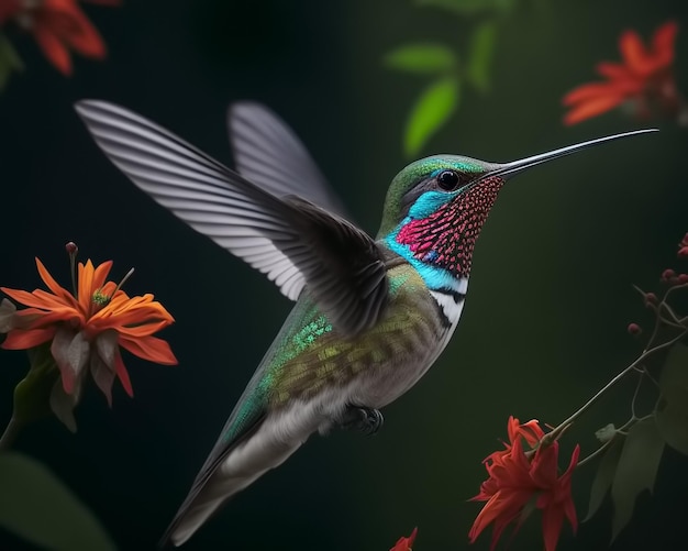 Fliegender Kolibri vor einem Hintergrund von Blumen Generative KI