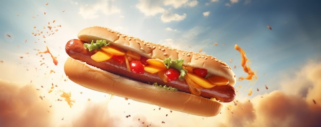 Fliegender leckerer Hotdog auf hellem Hintergrund. Generative KI