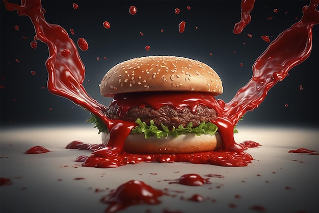 fliegender leckerer Ketchup-Burger mit Fleisch-Tomaten-Salat-Brötchen und fallend gegen schwarze Highres
