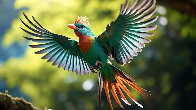 Fliegender prächtiger Quetzal Pharomacrus mocino aus Costa Rica, streng mit grünem Waldhintergrund