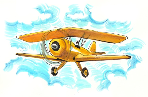 Fliegender Retro-Doppeldecker. Tusche- und Aquarellzeichnung