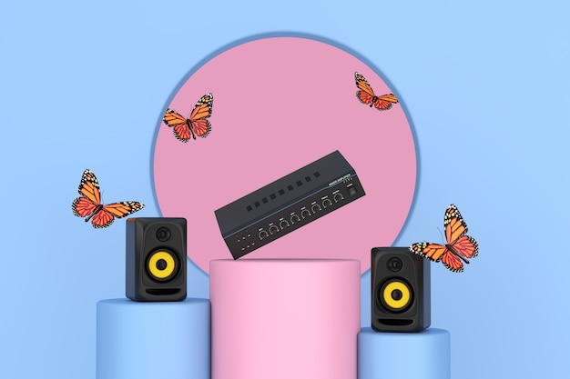 Fliegender Schmetterling zwischen akustischen Audiostudio-Lautsprechern, HIFI-Stereo-Mixer-Verstärker über rosa und blauem Sockel Promo-Ständer auf rosa und blauem Hintergrund. 3D-Rendering