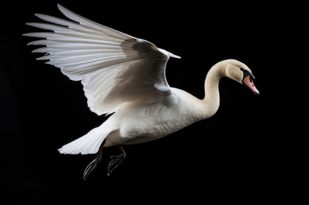 Fliegender Schwan auf schwarzem Hintergrund