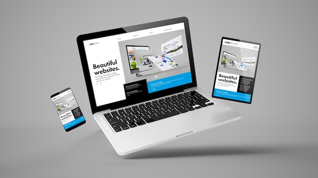 Fliegendes 3D-Rendering für Laptops, Handys und Tablets, das das reaktionsschnelle Webdesign der Builder-Website zeigt