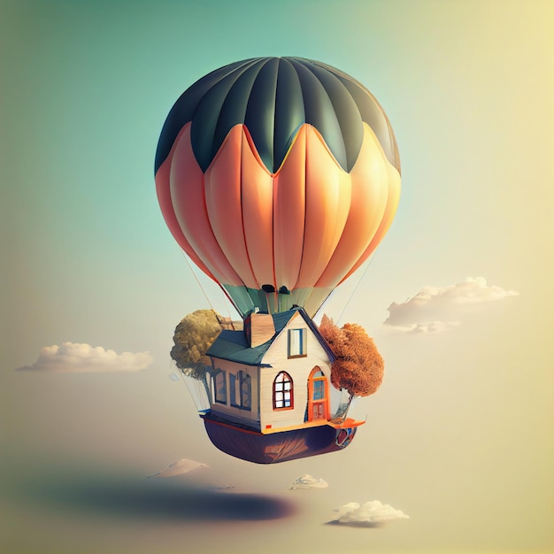 Fliegendes Haus mit Heißluftballon 3D-Darstellung
