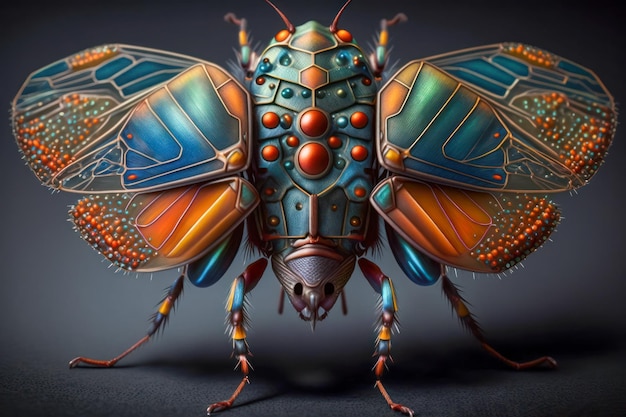 Fliegendes Insekt mit metallischer Hülle Generative KI