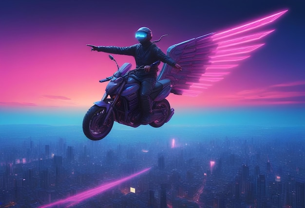 fliegendes Motorrad im Cyberpunk-Stil