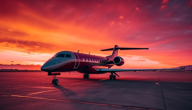 Fliegendes Passagierflugzeug, das bei Sonnenuntergang von der Landebahn des Flughafens abhebt, erzeugt durch künstliche Intelligenz