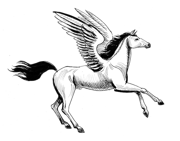 Foto fliegendes pegasus-pferd. tinte schwarz-weiß-zeichnung
