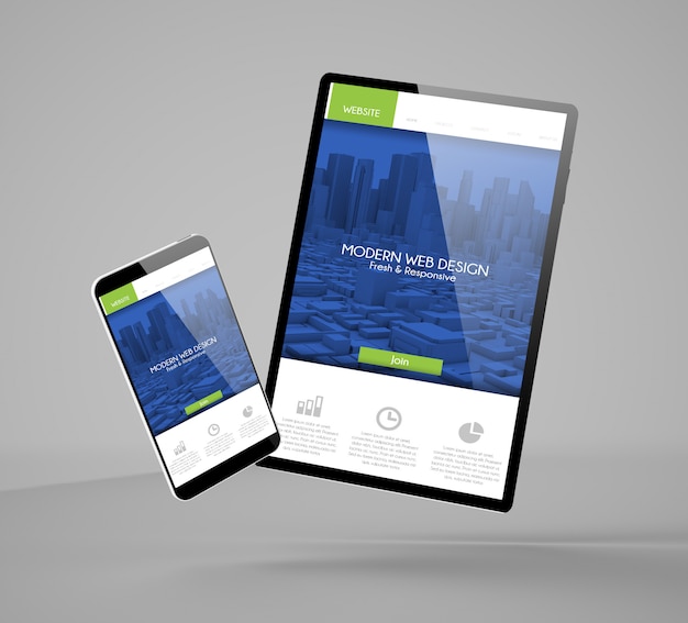 Fliegendes Smartphone und Tablet mit moderner Website-Landingpage