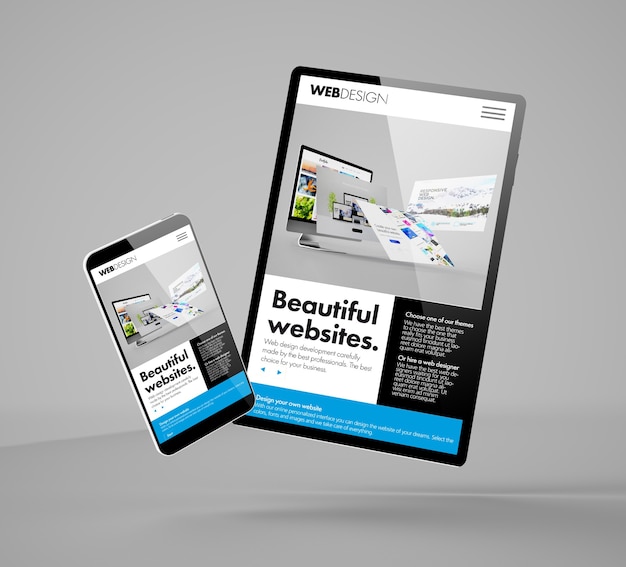 Fliegendes Smartphone- und Tablet-Modell-3D-Rendering mit Builder-Website