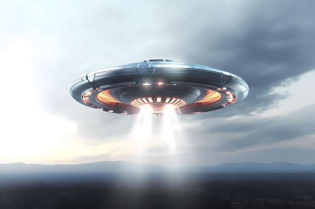 Fliegendes UFO mit weißem Hintergrund Unbekanntes fliegendes Objekt