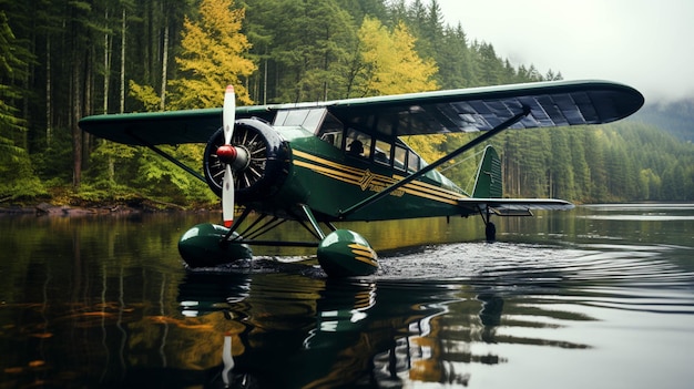 Fliegendes Wasserflugzeug über Berg vom Wasser zum Berg