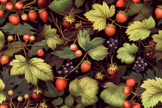 Fliese Erdbeere nahtloses Muster Handgezeichnete Illustration mit Beeren und Blättern auf schwarzem Hintergrund Generative KI