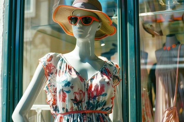 Foto fließendes sommerkleid auf einer mannequin mit hut und sonnenbrille